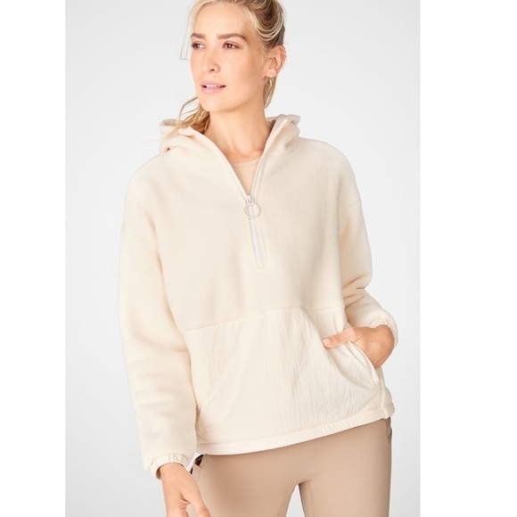 Fabletics Women’s Lotta Sherpa Jacket Half-Zip Cream Ivory Hooded M - Picture 1 of 8